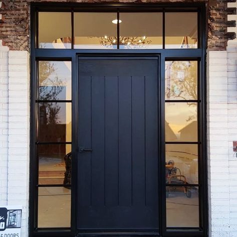 Modern Glass Doors Exterior Entrance, Side Door With Glass, Transom Front Door Entrance, Black Framed Door Exterior, Wide Entrance Door, Black Steel Doors Exterior, Black Door Sidelights, Modern Front Doors With Side Lights, Black Glass Entry Door