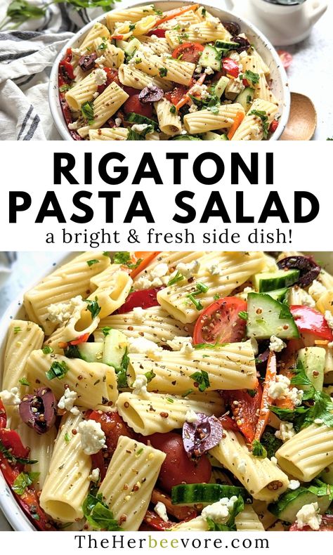 This rigatoni pasta salad recipe is a bright, fresh, and tasty appetizer loaded with chopped veggies, feta cheese, and an easy homemade red wine vinaigrette dressing. A favorite summer pasta salad recipe to bring to a cookout. Pasta Salad Recipes With Red Wine Vinegar, Rigatoni Salad Recipes, Rigatoni Salad Cold, Red Wine Vinaigrette Pasta Salad, Cold Pasta Salad Recipes Rigatoni, Rigatoni Pasta Salad Recipes, Pasta Salad With Vinaigrette Dressing, Rigatoni Salad, Pasta Salad Asian