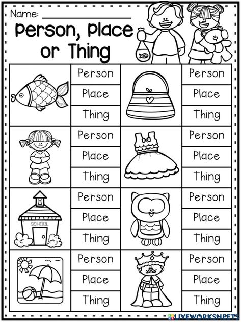 Nouns Worksheet Kindergarten, Nouns Kindergarten, Kindergarten Grammar Worksheets, Nouns And Verbs Worksheets, Kindergarten Grammar, Person Place Thing, First Grade Curriculum, Nouns Worksheet, Homeschool Worksheets