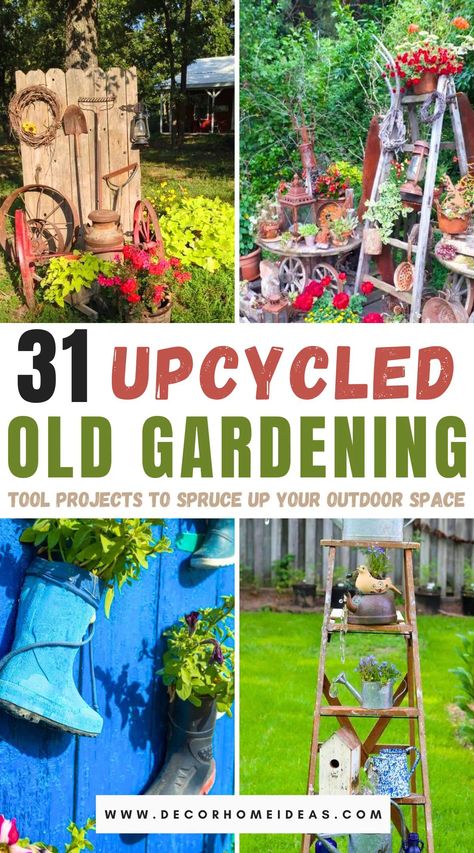 Discover creative ways to transform your old gardening tools into stunning outdoor decor with our collection of 31 upcycled projects. From quirky planters to unique garden art, these DIY ideas will add charm and personality to your garden. Dive in to find inspiration for your next weekend project! Quirky Garden Ideas Upcycle, Upcycled Home Decor Creative Ideas, Recycled Garden Art Upcycling Diy Projects, Junk Garden Ideas Diy, Eco Garden Ideas, Repurposed Garden Decor, Repurposed Items For Garden, Garden Diy Décor, Diy Fence Decor