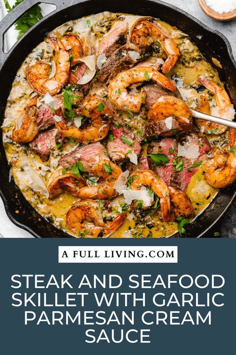 This super simple one skillet dinner is a delicious mashup of steak and seafood, with a luscious and creamy parmesan garlic sauce. Load up this skillet with steak, juicy shrimp, and garlic parmesan cream sauce with spinach. #SurfandTurf #SteakandSeafood #OneSkilletDinner #SteakandShrimp #CastIronCooking Steak And Lobster Dinner Recipe, Steak And Shrimp Parmesan Sauce, Steak With Shrimp Cream Sauce, Steak And Salmon Dinner, Shrimp And Steak Recipes, Steak And Shrimp Skillet, Seafood Skillet, Cream Sauce With Spinach, Shrimp Skillet Recipes