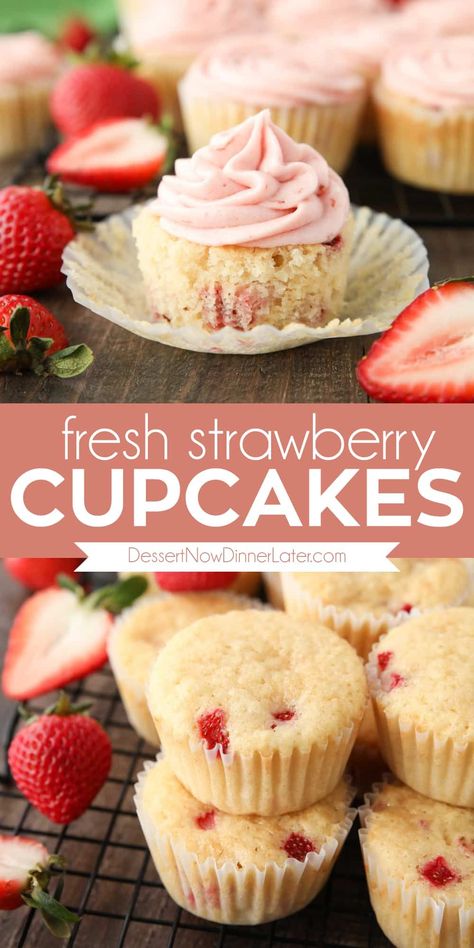 Fresh Strawberry Cupcakes, Fruity Cupcakes, Strawberry Cupcake Recipes, Creamsicle Cake, Homemade Vanilla Cake, Low Sugar Jam, Strawberry Buttercream Frosting, Strawberry Things, Strawberry Buttercream