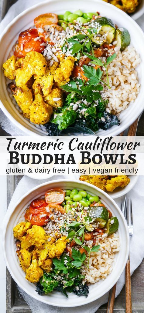 Roasted Turmeric Cauliflower Buddha Bowls make such a colourful, healthy meal! This vegan and gluten free recipe is easy to make and flexible. By Nourish Everyday Turmeric Cauliflower, Buddha Bowls Recipe, Gluten Free Recipe, Buddha Bowls, Vegan And Gluten Free, Vegan Bowls, Vegan Keto, Buddha Bowl, Egg Free