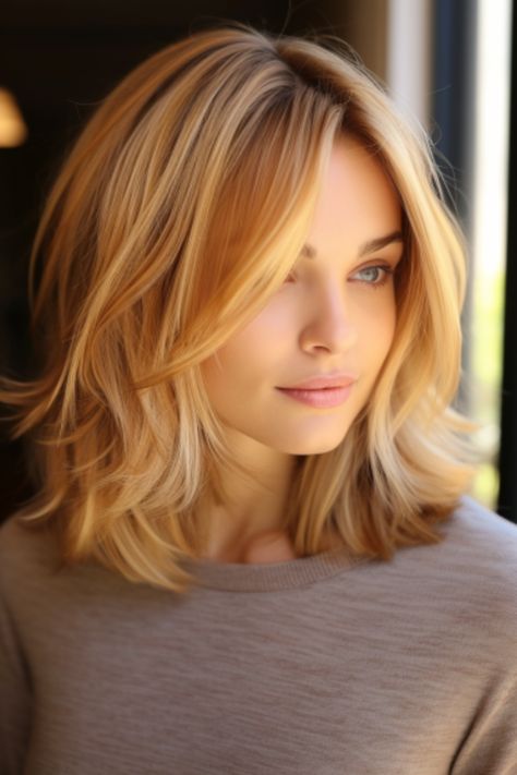 Honey blonde tendrils bring warmth to your face and work beautifully with any skin tone. The loose waves can be created with a curling iron or natural texture. Click here to check out more cute and fun shoulder-length haircuts and hairstyles. Shoulder Lenght Haircut Girl, Top Of Shoulder Haircut, Hair Cut 2024 Girl Medium, Judi Dench Haircut, Short Hair Styles For Long Face Shape, Shoulder Length Hair Long Bangs, Shoulder Length Hair With Curls, Women’s Hair Cuts Medium, Front Layers Medium Hair Face Framing Shoulder Length