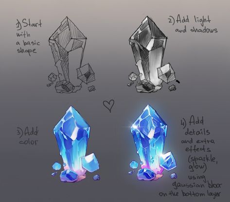 Crystal drawing tutorial Crystal Shard Drawing, How To Draw Crystals Digital, How To Shade Crystals, Crystal Art Tutorial, Crystal Reference Drawing, How To Color Crystals, Gem Shading, Crystal Magic Art, How To Draw A Crystal