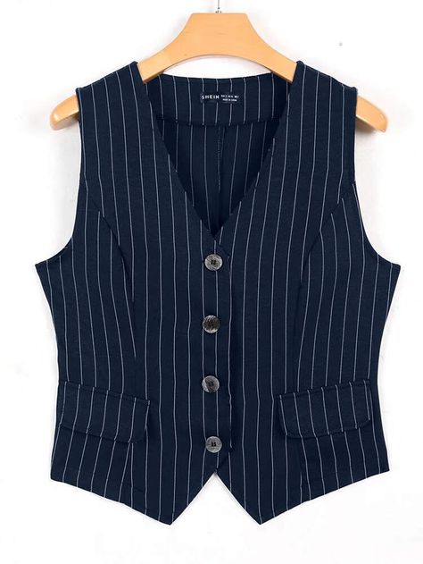 Stripe Vest Outfit, Suit Vest Women, Black Vest Outfit, Temu Stuff, Black Suit Vest, Elegant Blazers, Striped Vests, Vest Blazer, Blue Vests