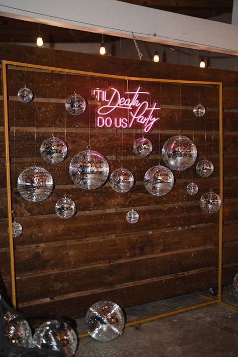 Display of Hanging Disco Balls and a Neon Sign at Retro Barn Wedding Laser Cut Panels Outdoor, Hanging Disco Balls, Mdf Furniture, Barn Wedding Photos, Laser Cut Panels, Disco Theme, Disco Balls, Retro Wedding, Wedding Mood Board