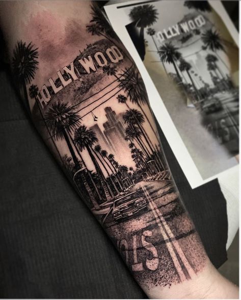 Dylan Weber on Instagram: “Los Angeles piece I had the privilege to do on David, thanks so much legend ���🙏 #la #losangeles #hollywood #california #downtownla…” Old Traditional Tattoo, Hollywood Tattoo, Voll Arm-tattoos, Best 3d Tattoos, Tato Tradisional, Los Angeles Tattoo, California Tattoo, Sketch Style Tattoos, La Tattoo