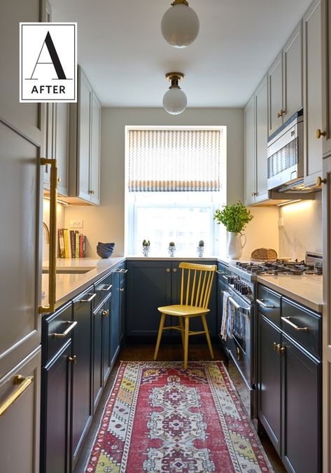 Before & After: A Bright & Modern Update for a NYC Apartment Dark Lower Cabinets, Nyc Kitchen, White Upper Cabinets, Small Galley Kitchen, Upper East Side Apartment, Galley Kitchen Design, Galley Kitchen Remodel, Galley Kitchens, Refacing Kitchen Cabinets