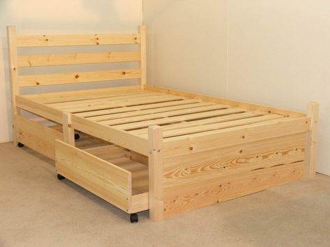 Bedframe Diy, Small Double Bed Frames, Pine Bed Frame, Pallet Bed Frames, Diy Pallet Bed, Bed Frame With Drawers, Pallet Beds, Wooden Bed Frame, Wooden Bed Design