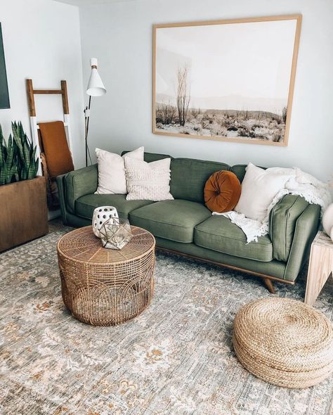 Loloi Rugs on Instagram: “The mix always beats the match. Well done, @boneill_athome. (Rug: Rosemarie in Stone / Multi, designed in collaboration with…” Cozy Condo, Green Couch, Therapy Office, Green Sofa, Modern Sofas, Modern Mountain, House Room, Living Room Inspo, Dream Job