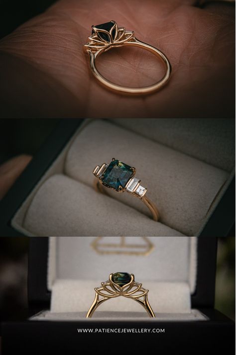 Sapphire Engagement Ring Set Gold, Set Of Wedding Rings, Color Stone Wedding Rings, Engagement Ring Setting Styles, Octagon Wedding Ring, Dark Blue Rings Engagement, Unique Engagement Rings Non Diamond, Engagement Rings Teal Sapphire, Rings That Fit Together