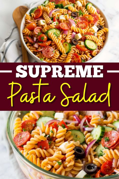 This supreme pasta salad will be the hit of any potluck! It's full of veggies, pepperoni, cheese, pasta, and a tangy Italian dressing. Salad Seasoning Pasta Salad, Pasta Salad With Ketchup Dressing, Pasta Salad Recipes With Italian Dressing And Salad Supreme, Supreme Salad Pasta, Pasta Salad With Mccormick Salad Supreme, Pasta Salad With Peppers, Mccormick Salad Supreme Pasta Salad, Viral Pasta Salad, Christmas Pasta Salad Recipes