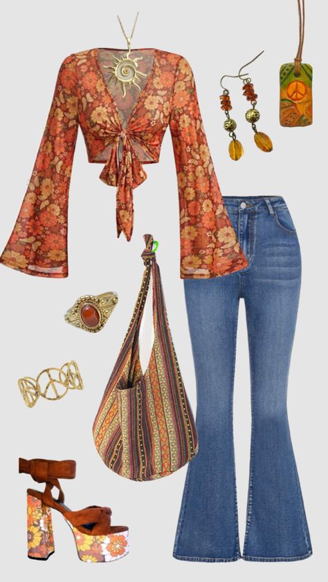 Hippie outfit inspo #outfitinspo #hippie #boho #70s 70s Vibes Aesthetic Outfit, Boho Outfits 70s, Cute 70s Inspired Outfits, Boujee Hippie Aesthetic, Y2k Boho Aesthetic, Boho Date Outfit, Girly Hippie Outfits, Woodstock Theme Party Outfit, Hippy Business Casual