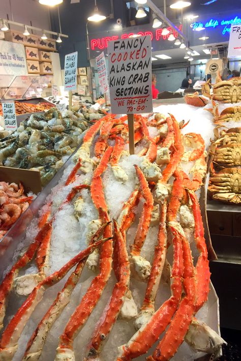 Alaskan king crab from the Bering Sea, laid out on ice in Pike Place Market. It's some of the most delicious seafood in the world, caught by hardworking commercial fishermen! Pikes Place, Alaskan King Crab, Bering Sea, Deadliest Catch, King Crab, Pike Place Market, Pike Place, Fishing Supplies, Healthy Ideas