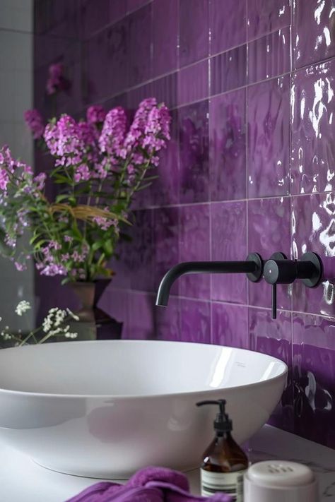 Small Purple Bathroom Ideas for Chic Spaces Dark Purple Tile Bathroom, Bathroom With Purple Accents, Purple Shower Tile, Brazilian Bathroom, Deep Purple Bathroom, Purple Bathroom Aesthetic, Purple Tile Bathroom, Purple And Green Bathroom, Amethyst Bathroom