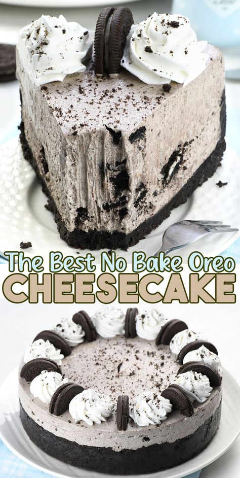 Close-up of a slice of creamy no-bake Oreo cheesecake with an Oreo cookie crust, topped with whipped cream and crushed Oreos, served on a white plate. Creamy Oreo Cheesecake, Easy Oreo Pie No Bake, Oreo Cake Cheesecake, Quick Oreo Cheesecake, No Bake Oreo Crust Recipe, Bake Off Dessert Ideas, Oreo Cheesecake Nobake, Non Bake Oreo Cheesecake, Oreo Cookie Crust Cheesecake