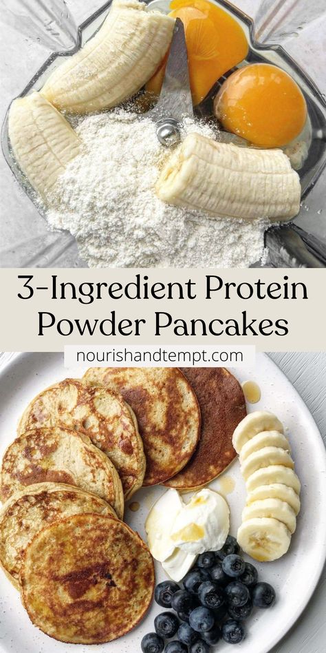 A picture of the ingredients needed for protein pancakes including banana, protein powder and eggs. Fast Protein Breakfast Ideas, Banana Pancakes With Protein Powder, Healthy Low Cal Dinner Ideas, Ww Protein Pancakes, Protein Powder Easy Recipes, Breakfast After Gym, Protein Packed Pancakes, Egg Free Protein Pancakes, Iso Protein Powder Recipes