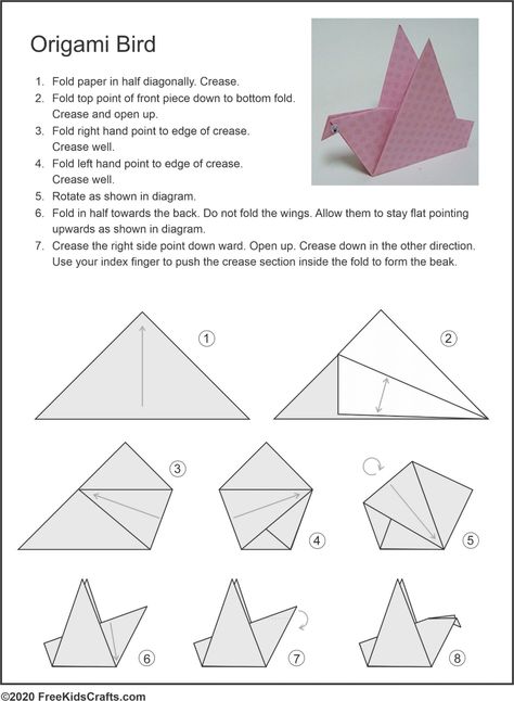 Easy Origami Printable, Origami Easy Printable Templates, Free Printable Origami Instructions, How To Make Origami Bird, Printable Origami Templates, Origami Bird Tutorial, Printable Origami Instructions, End Of Year Crafts, Origami Bird Easy