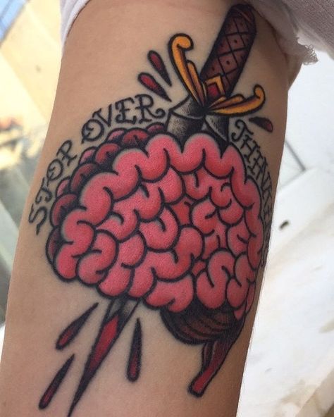 Traditional Weird Tattoo, American Traditional Brain Tattoo, Brain Traditional Tattoo, Brain Tattoo Design, Gratitude Tattoo, Psychology Tattoo, Trippy Tattoo, Brain Tattoo, Tattoos Inspiration