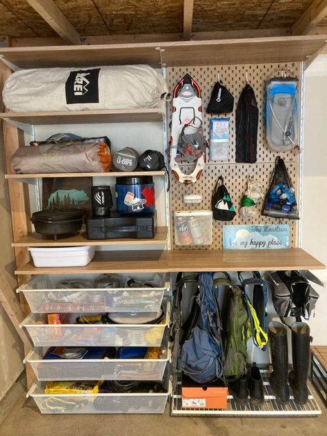 Camping Gear Wall Storage, Camping Storage Garage, Sports Clothes Storage, Hiking Gear Closet, Storage Camping Gear, Camping Gear Room Ideas, Camping Gear Storage Room, Camping Equipment Storage Ideas, Gear Shed Organization Ideas