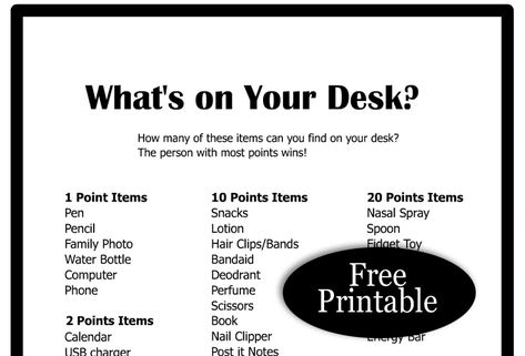 What’s on Your Desk? Free Printable Office/Workplace Game Workplace Games, Kid Holiday Games, Housewarming Party Games, Housewarming Games, Teacher Games, Anniversary Party Games, Graduation Games, Girls Party Games, Office Party Games