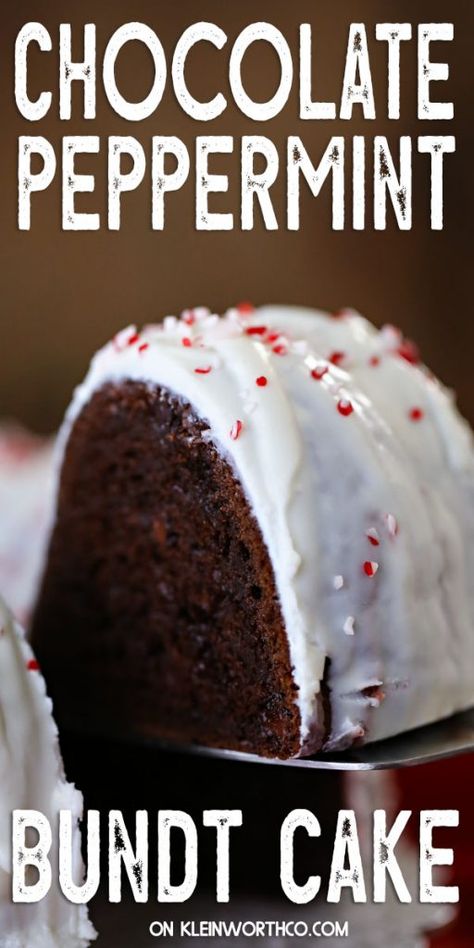 This Chocolate Peppermint Bundt Cake combines a festive peppermint glaze with a fudgy 5-ingredient chocolate cake. This makes it the perfect dessert to finalize your holiday feast! Chocolate Peppermint Bundt Cake Recipe, Peppermint Chocolate Chip Bundt Cake, Peppermint Bundt Cake Recipe, Peppermint Mocha Bundt Cake, Holiday Bunt Cakes, Peppermint Pound Cake, Dark Chocolate Peppermint Cake, Chocolate Cake With Peppermint Frosting, Christmas Bunt Cakes Holiday Desserts