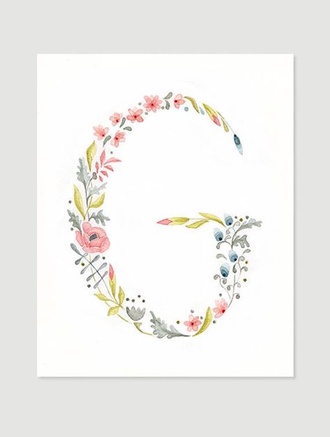 Monogram With Flowers, Watercolor Letter Art, Watercolor Name Art, Monogram Illustration, Letter With Flowers, Letters With Flowers, Gray Illustration, Initial Art, Monogram Painting