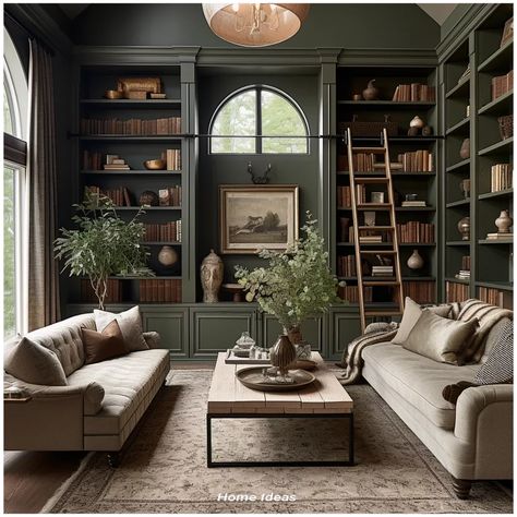 Library Office Paint Colors, Moody Office Bookshelves, Modern Antique Interior, All Green Library, Library In Room Ideas, Olive Green Built In Bookshelves, Green Room Library, Green Library Shelves, Deep Green Library