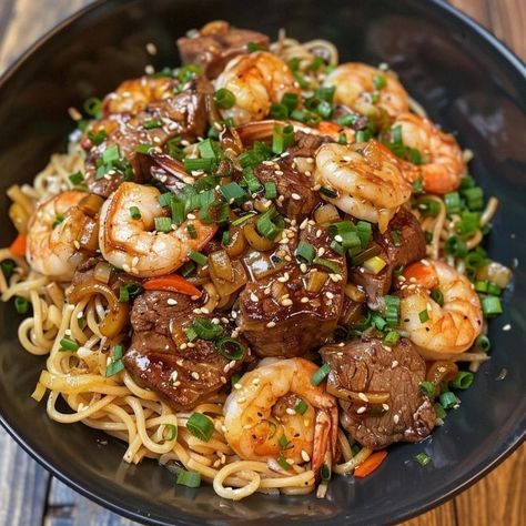 Shrimp & Teriyaki Steak Noodles Steak And Shrimp Noodles, Steak And Ramen Noodles, Steak And Shrimp Teriyaki Noodles, Shrimp And Steak Recipes, Black Dinner Ideas, Steak And Shrimp Stir Fry, Steak And Shrimp Recipes, Steak Noodles, Steak Teriyaki