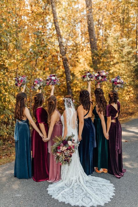 Bridesmaids Dresses Not Matching, Jewel To E Wedding, Fall Jewel Tones Wedding, Jewel Tone Art Deco Wedding, Jewel Tone Wedding Fall Bridesmaid Dresses, Bridesmaid Jewel Tone Dresses, Bridesmaids Dresses Jewel Tones, Jeweled Tone Bridesmaid Dresses, Mixed Jewel Tone Bridesmaid Dresses