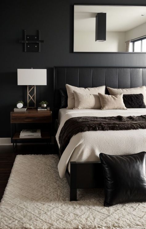 Black And Dark Wood Bedroom, Black Leather Bed Bedroom Ideas, Black Leather Headboard Bedroom, Sanctuary Aesthetic, Black Headboard Bedroom Ideas, Leather Headboard Bedroom, Black Headboard Bedroom, Black Leather Headboard, Dark Minimalist Bedroom