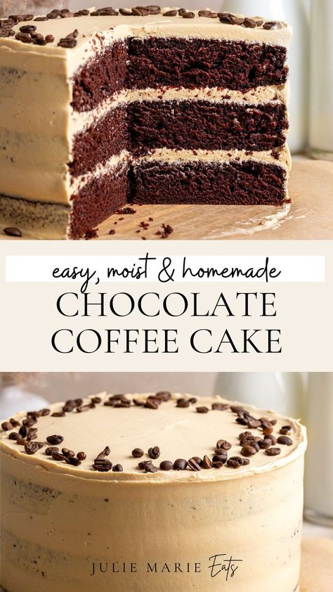 Make the perfect moist chocolate layer cake with coffee buttercream icing with this homemade cake recipe. Follow Julie Marie Eats for easy dessert ideas and baking recipes for a crowd. Chocolate Coffee Sheet Cake, Cake Bake Recipes, Homemade Chocolate Cake With Coffee, Chocolate Cake 2 Layer, Cakes With Coffee In Them, Easy Recipes To Bake Desserts, Most Moist Chocolate Cake, Homemade Birthday Cake Chocolate, Toffee Chocolate Cake