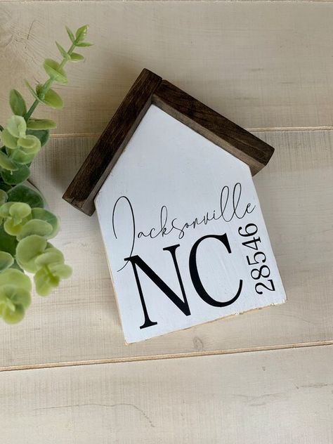 City State Zip Code Wood Sign | Etsy Zip Code Decor, Zip Code Signs, Ar Ideas, New Home Sign, Wood Houses, Jacksonville Nc, Circuit Ideas, Mini Houses, Laser Ideas