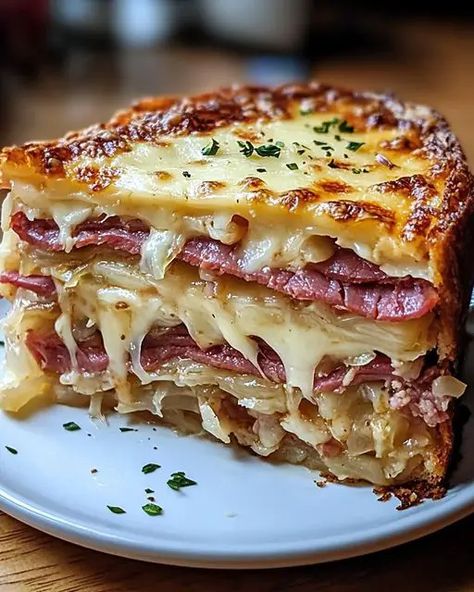 Savory Reuben Bake Reuben Lasagna, Rueben Bake Reuben Casserole, Homemade Reuben Bake, Rueben Bake, Reuben Recipes, Swiss Cheese Recipes, Reuben Bake, Savory Bakes, Lobster Cream Sauce