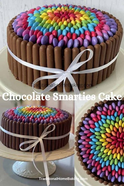 Chocolate Sweetie Birthday Cake, Smartie Cake Decoration, Chocolate Celebration Cake Birthdays, Simple Easy Birthday Cakes, Easy 3rd Birthday Cake, Instead Of Birthday Cake Ideas, Smartie Cake Ideas, Smartie Rainbow Cake, Smartie Birthday Cake