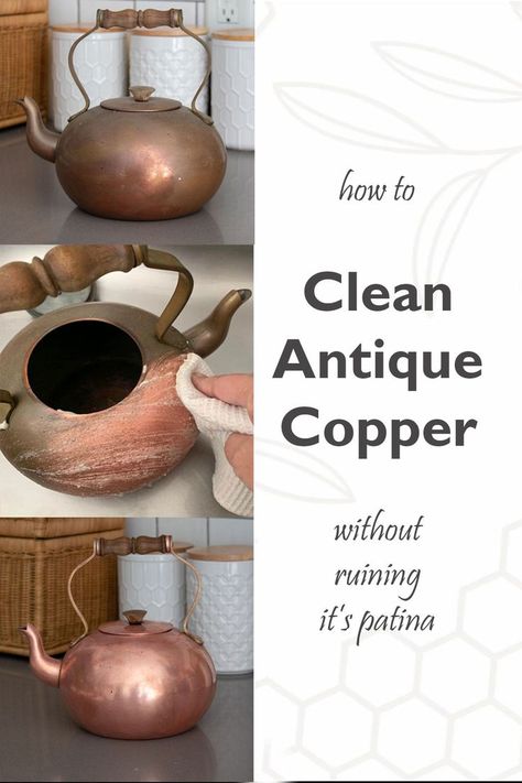 How To Polish Copper Pots, How To Clean Antique Copper, Bronze Cleaner Diy, How To Clean A Copper Kettle, How To Clean Copper Tea Kettle, Copper Polish Diy, Cleaning Copper Pots, Clean Copper Pots, Vintage Copper Decor