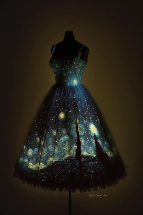 Starry Night Inspired Dress, Starry Night Inspired Outfit, Starry Outfit Aesthetic, Starry Night Dresses, Space Themed Prom Dress, Stary Night Dresses, Night Themed Dress, Star Dress Aesthetic, Star Themed Dress