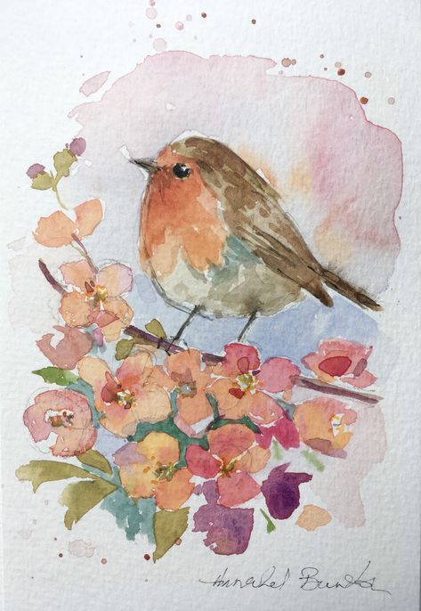 Easy Bird Watercolor Paintings, Spring Watercolors, Bird Painting Diy, Bird Watercolor Art, Learn Watercolor Painting, Watercolor Art Journal, Watercolor Birds, Folk Art Flowers, Diy Watercolor Painting