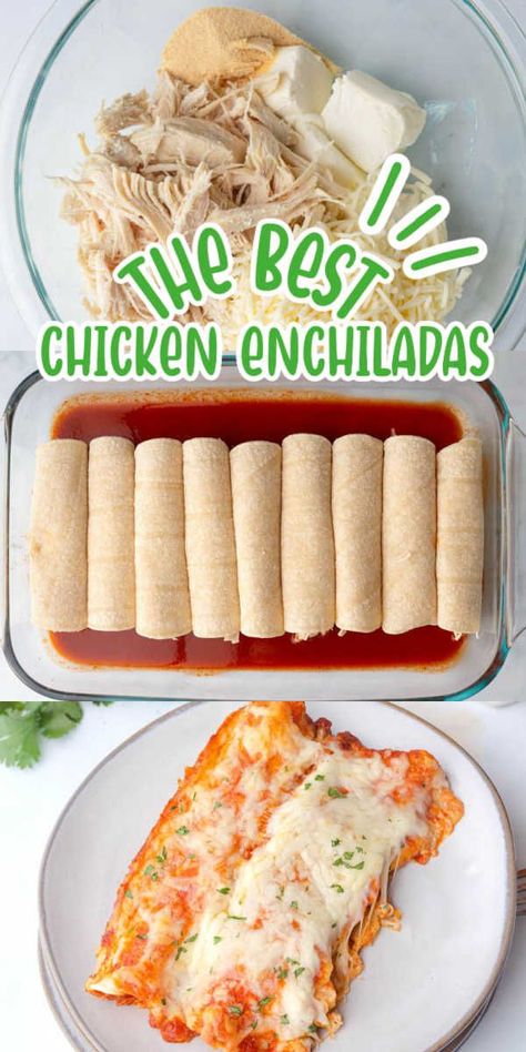 Indulge in our delicious Cheesy Baked Chicken Enchiladas, the perfect dinner option for any day of the week. This recipe features a delightful combination of juicy chicken, creamy cheese, and tangy red sauce, creating a satisfying and wholesome meal. Ideal for families with picky eaters, it's also a great way to use up any leftover rotisserie chicken. Keep up with us for more delightful dinner recipes! Chicken And Cheese Enchiladas Easy, Chicken Queso Enchiladas, Simple Chicken Enchilada Recipe, Chicken Thigh Enchiladas, Enchalidas Recipe Easy, Easy Enchiladas Chicken, Baked Chicken Enchiladas, Rotisserie Chicken Enchiladas, Enchiladas Easy