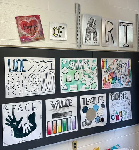 Elements Of Art Classroom Display, Art Classroom Displays Secondary, Art Room Bulletin Board Ideas Display, Art Room Elementary School, Art Classroom Essentials, Art Classroom Display Ideas, Art Room Ideas Classroom High School, First Week Of Art Class Elementary, Elementary Art Bulletin Board Ideas