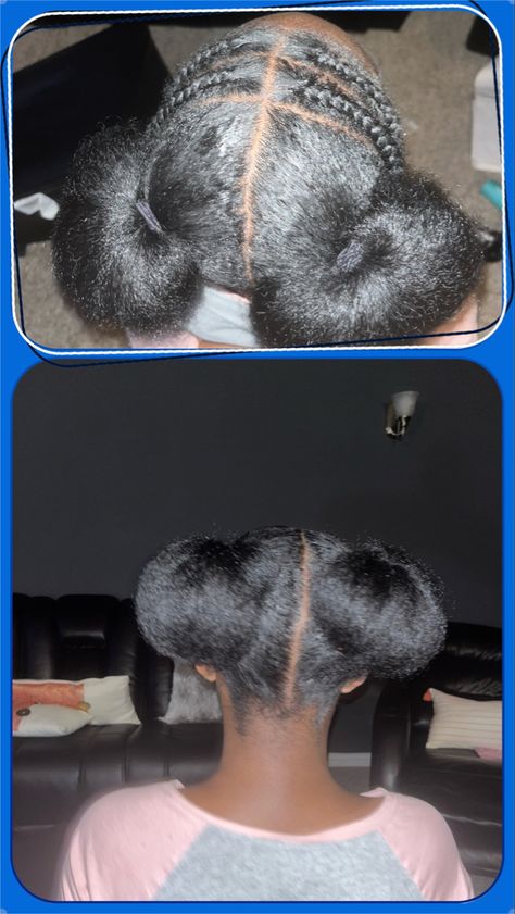 2 Buns Hairstyle Black Natural Hair 4c, 2puffs Natural Hair, Cornrow Puff Hairstyle, 2 Puff Hairstyles, Front Cornrows Hairstyles Natural Hair, Puff With Braids, Braided Puff Natural Hair, Cornrow Puff, 2 Puffs Natural Hair Hairstyles