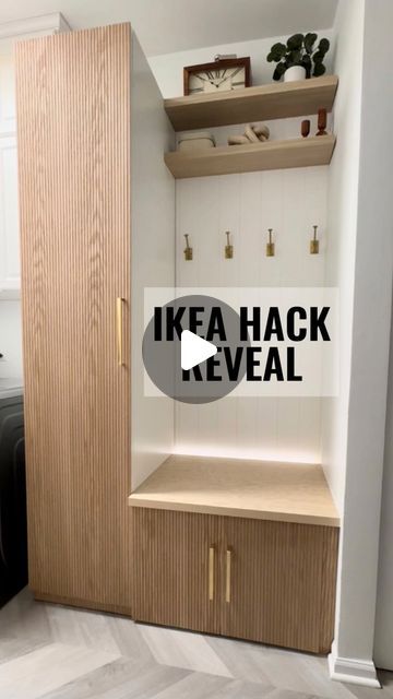 43K likes, 560 comments - gj_homedesigns 於 November 9, 2023 : "IKEA PAX HACK REVEAL ✨ DIY FLUTED HALL TREE I had so much fun creating this space for our laundry room! Since I was not able to find a hall tree that fit our small space, I decided to create my own. Along with the IKEA Pax, I found the right pieces to fit perfectly in this corner to create a built in look for our hall tree. I just absolutely love the fluted doors and, even more, I can’t get over how much storage it adds to our hom Ikea Small Hallway Ideas, Boot Room Ikea Hack, Ikea Hall Tree Hack, Small Hall Storage Ideas, Hodnik Ideas, Ikea Pax Hallway, Hallway Wardrobe Ideas, Small Hall Ideas, Ikea Pax Door Hack