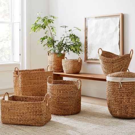 Curved Basket Collection - Natural | West Elm Basket Collection, Big Basket, Lidded Baskets, Wood Basket, Seagrass Basket, Small Space Organization, Water Hyacinth, Stained Wood, Large Baskets