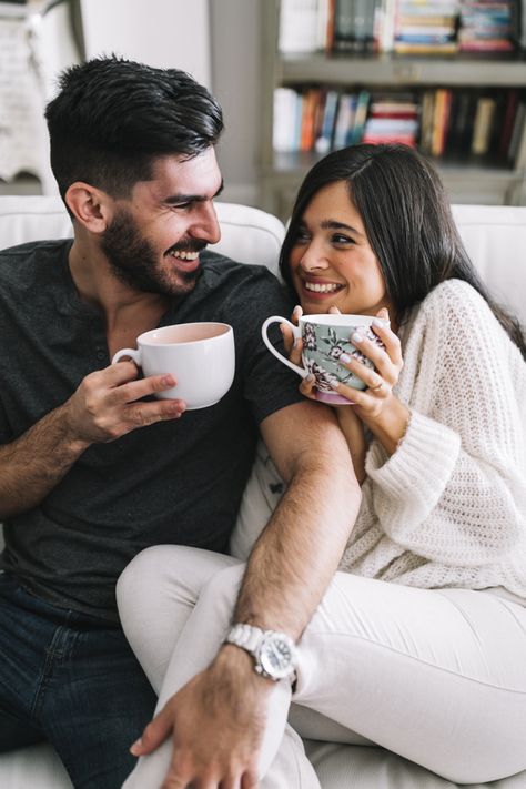 Couples Sitting Together Couch, Couple On Sofa, R6 Black, Sit Pose, Prewedding Studio, Holding Coffee, Black Monster, Home Photo Shoots, Couple Coffee