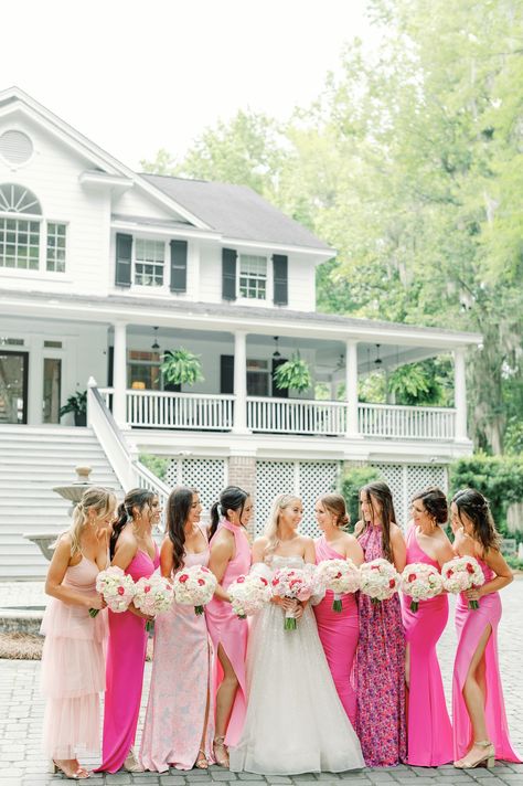 Bridesmaid Dresses Mismatched Pink, Shades Of Pink Bridesmaids, Pink Wedding Aesthetic, Bright Pink Bridesmaid Dresses, Pink Mismatched Bridesmaid Dresses, Pink Wedding Florals, Feather Pajama, Pink Bridesmaid Dresses Mismatched, Pink Bridal Party