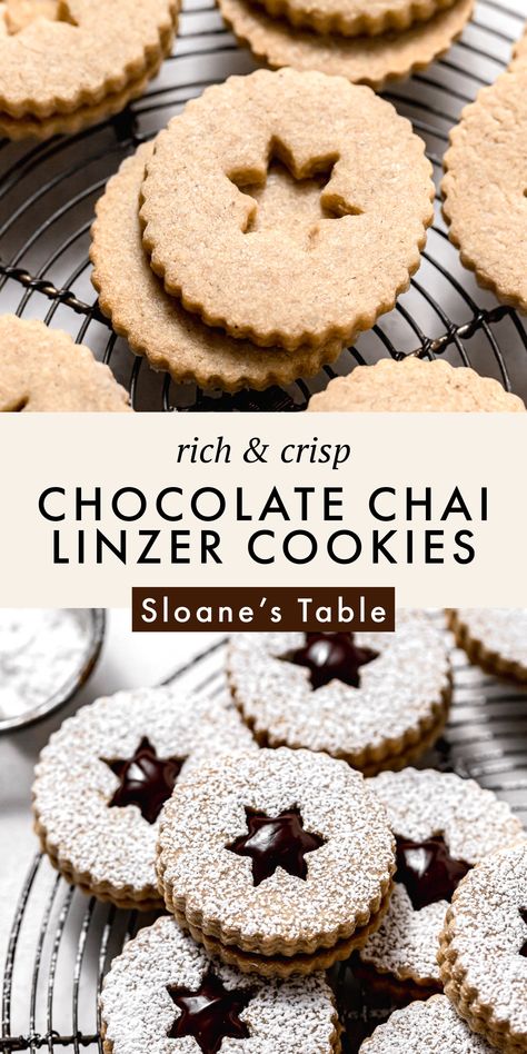 Chocolate Chili Cookie, Chocolate Linzer Cookies Recipe, London Fog Shortbread, London Fog Shortbread Cookies, Chocolate Linzer Cookies, Shortbread Cookie Flavors, Chai Baking Recipes, Christmas Linzer Cookies, Fancy Christmas Cookies Recipes