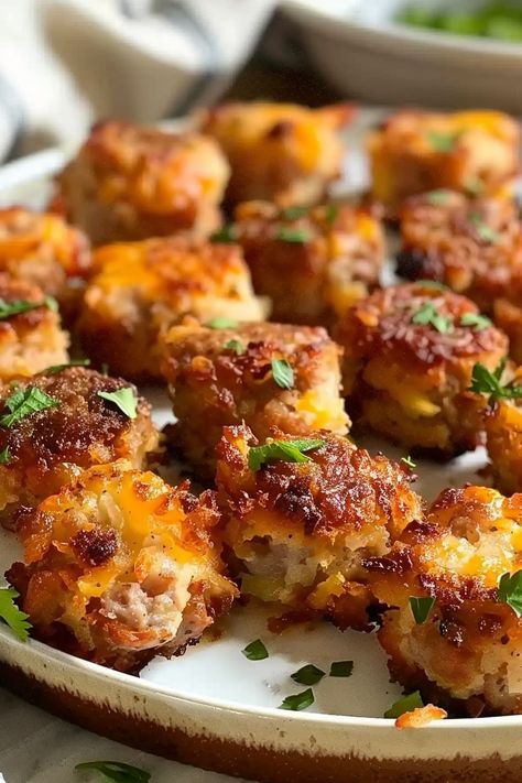 Freshly baked sausage hashbrown bites in a muffin tin Mini Muffin Sausage Bites, Healthy Brunch Food Ideas, Best Brunch Appetizers, Hash Brown And Sausage Bites, Hashbrown And Sausage Bites, Easy Savory Brunch Ideas, Handheld Brunch Food, Sausage Hashbrown Balls, Savory Breakfast Bites