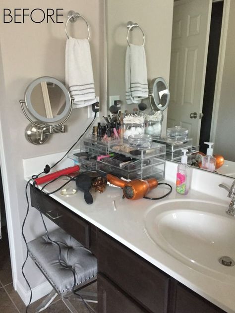 Vanity Makeup Drawer and Bathroom Cabinet Organization before  after! #organization #organize #bathroomorganizaton Makeup Organization Bathroom Counter, Organize Bathroom Counter, Bathroom Makeup Storage, Makeup Vanity In Bathroom, Makeup Organization Bathroom, Vanity In Bathroom, Makeup Cabinet, Makeup Drawers, Organizing Bathroom