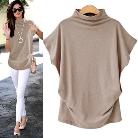 Product Description: This fashion blouse features a turtleneck, short sleeve. Elegance and simplicity is the focus on design, is a casual wear wild single items. Lightweight and non-elastic fabric. Loose fit silhouette. Size: XL.  Color: Beige.  Gender: female.  Age Group: adult.  Pattern: solid. Turtleneck Short Sleeve, Women Turtleneck, Casual Turtleneck, Look Plus Size, Womens Turtleneck, Plus Size Kleidung, Modieuze Outfits, Top T Shirt, Loose Tops